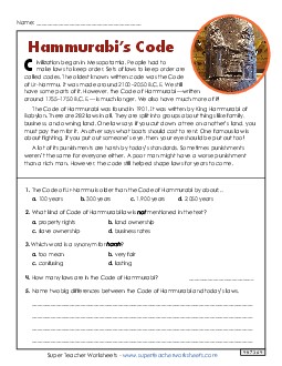 Code of Hammurabi (Short) Reading Comprehension Reading Comp Short Worksheet