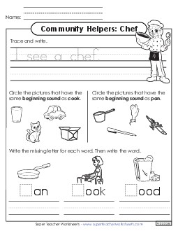 Mixed Literacy Skills: Chef Community Helpers Worksheet