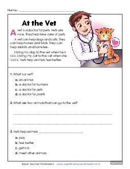 At the Vet (Short Article) Free 1st Grade Reading Comprehension Reading Comp Short Worksheet