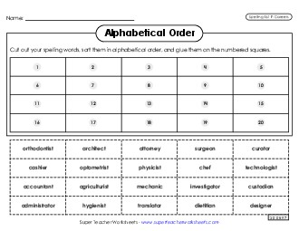 Alphabetical Order: Cut-Glue (Careers) Spelling F Worksheet