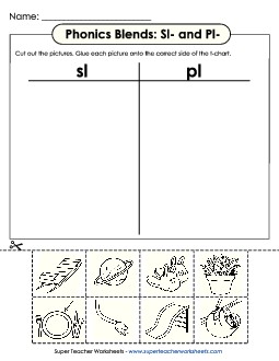 T-Chart: Sl- and Pl- Phonics Blends Worksheet