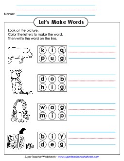 Color the Letters & Write (-ig) Word Families Worksheet