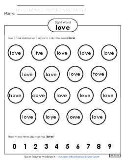 Dab or Color: Love Sight Words Individual Worksheet