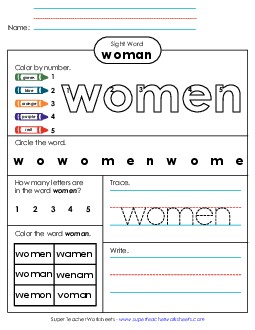 Worksheet 4: Women Sight Words Individual Worksheet