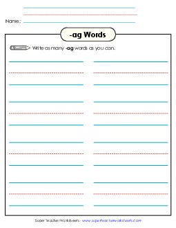 Brainstorm and Write (-ag) Word Families Worksheet