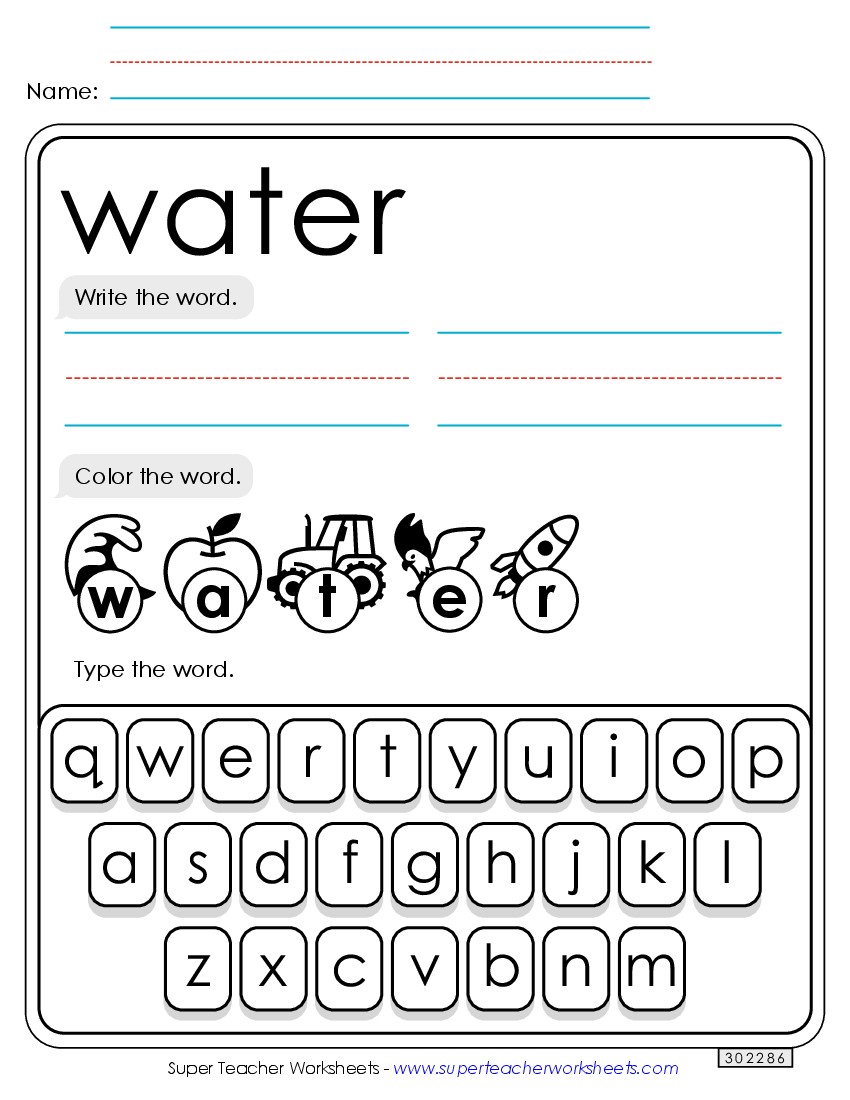 Write, Color, Type: Water Sight Words Individual Worksheet