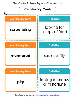 Vocabulary Cards: Chapters 1 - 3 Book The Cricket In Times Square Worksheet