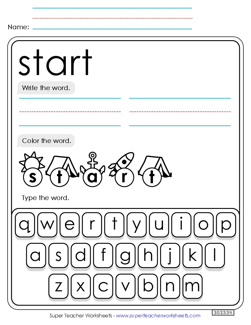 Write, Color, Type: Start Sight Words Individual Worksheet