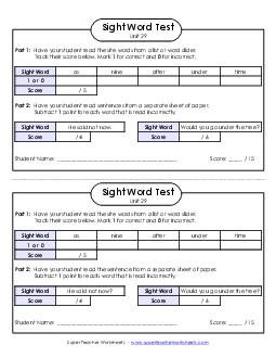 1-on-1 Reading Test (Unit 29) Sight Words Worksheet