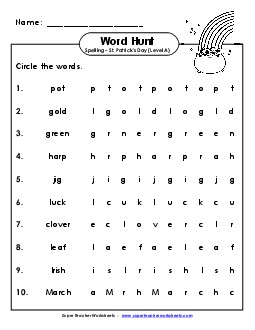 Horizontal Word Search (A-St. Patrick\'s Day)  Spelling A Worksheet