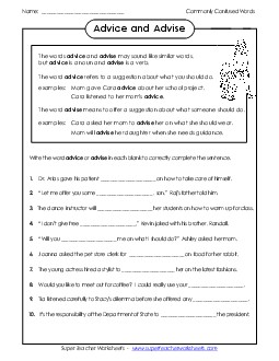 Advice and Advise Commonly Confused Words Worksheet