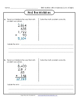 Find the Mistakes (Multiple Addends) Addition Worksheet