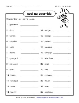 Scrambled Words (D-1) Free Spelling D Worksheet