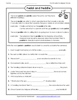 Pedal and Peddle Commonly Confused Words Worksheet