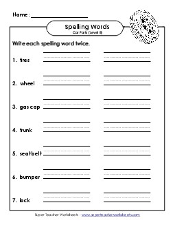 Write Twice (B-Car Parts)  Spelling B Worksheet