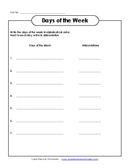 Days of Week Alphabetical Abbreviations Worksheet