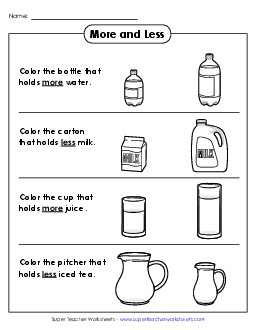 More and Less (Liquid) Comparing Numbers Worksheet