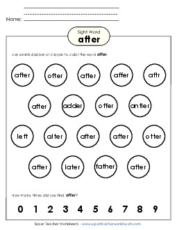 Dab or Color: After Sight Words Individual Worksheet