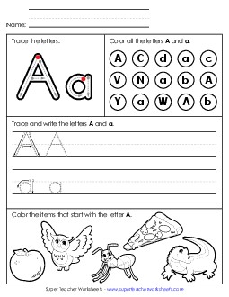 Tracing, Writing, and Recognizing Letter A Alphabet Worksheet