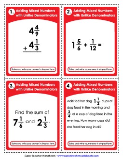 Task Cards: Mixed Number Addition (Unlike Denominators) Fractions Worksheet