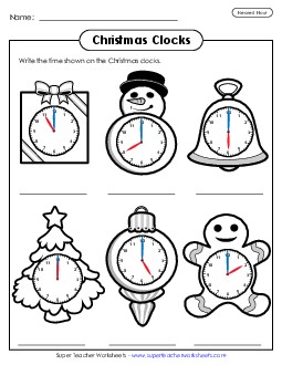 Christmas Clocks Nearest Hour Worksheet