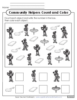 Count the Objects  (Bus Driver, Construction Worker, Mail Carrier) Community Helpers Worksheet