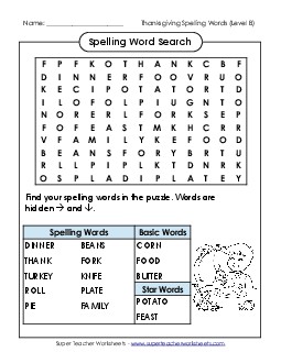 Word Search (B-Thanksgiving)  Spelling B Worksheet