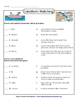 Landform Matching 2nd Grade Science Worksheet