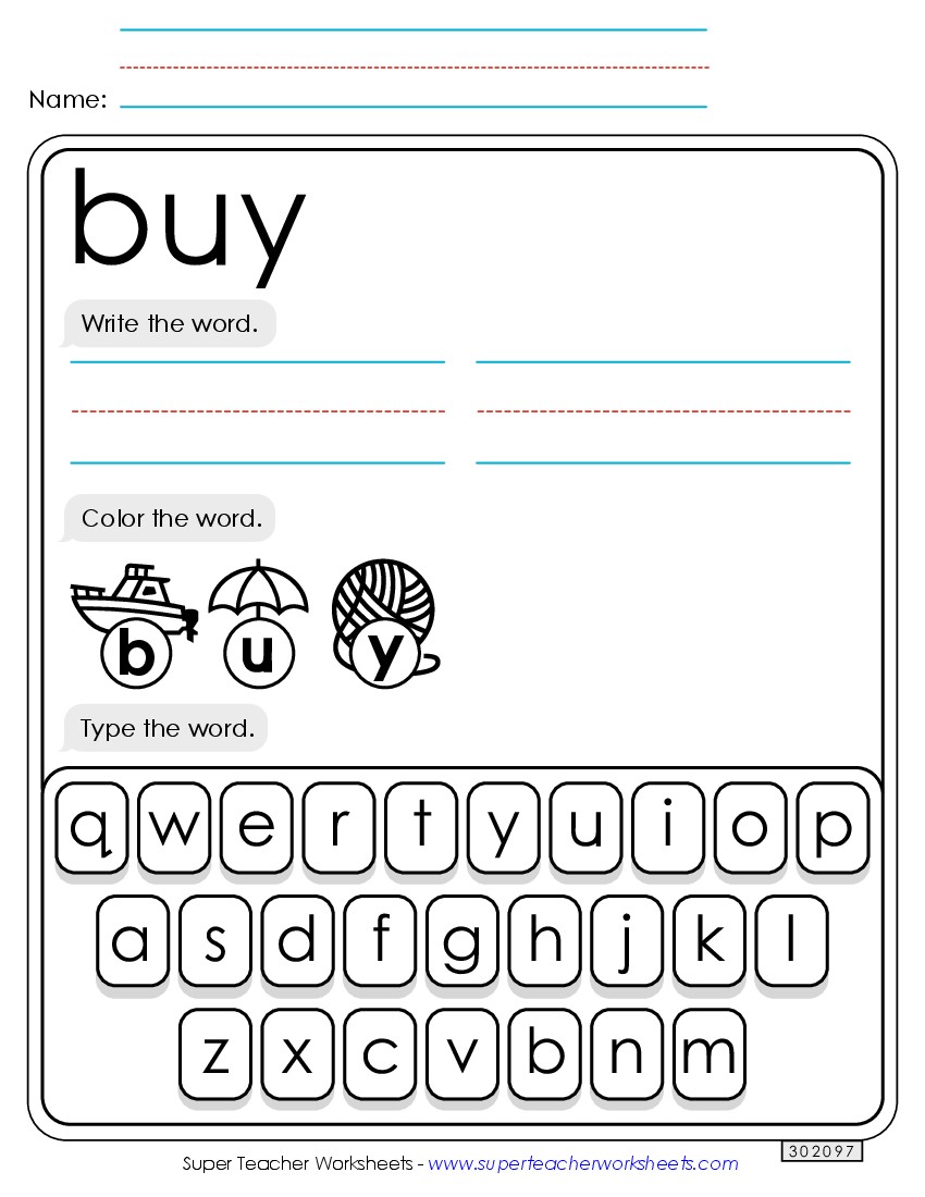 Write, Color, Type: Buy Sight Words Individual Worksheet