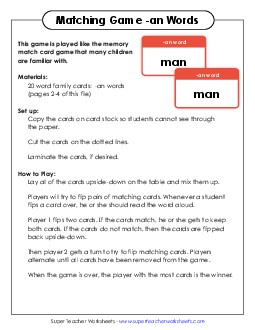 Memory Match Game (-an) Word Families Worksheet