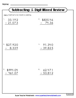 5-Digit Subtraction: Mixed Review Worksheet