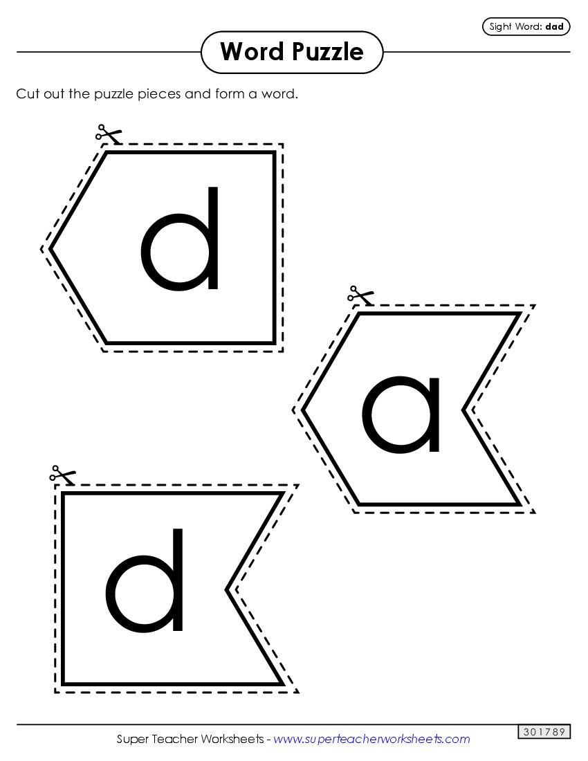 Word Puzzle: Dad Sight Words Individual Worksheet