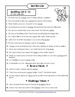 Spelling Test Sentences (C-16)  Spelling C Worksheet