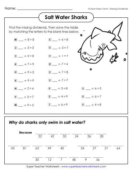 Math Riddle: Salt Water Sharks Division Worksheet