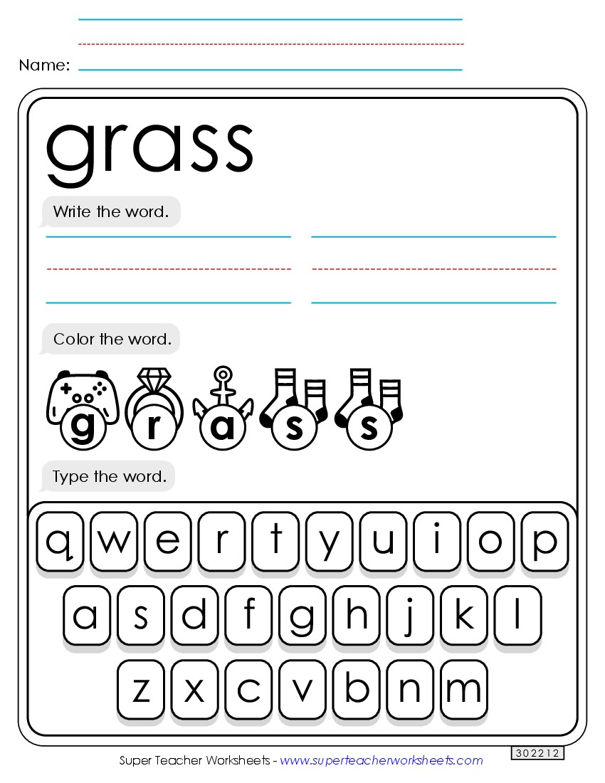 Write, Color, Type: Grass Sight Words Individual Worksheet