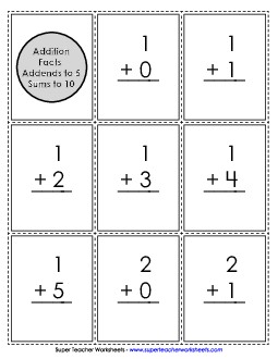 Basic Addition Flashcards Addends to 5; Sums to 10 Worksheet