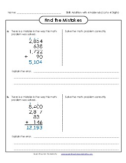 Find the Mistakes (4 Digits) Addition Worksheet