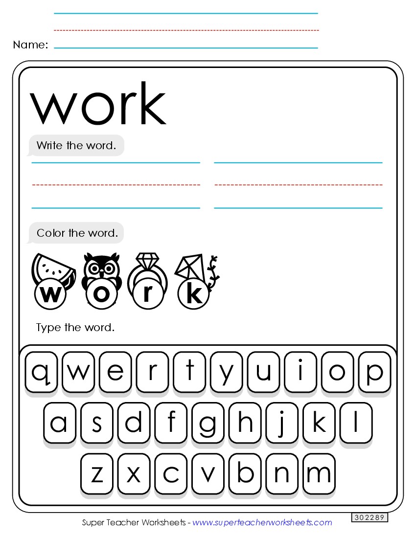 Write, Color, Type: Work Sight Words Individual Worksheet