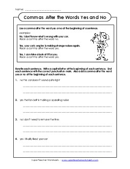 Comma After Yes and No Commas Worksheet