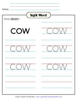 Trace the Word: Cow Sight Words Individual Worksheet