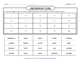 ABC order: Cut and Glue (E-24) Spelling E Worksheet