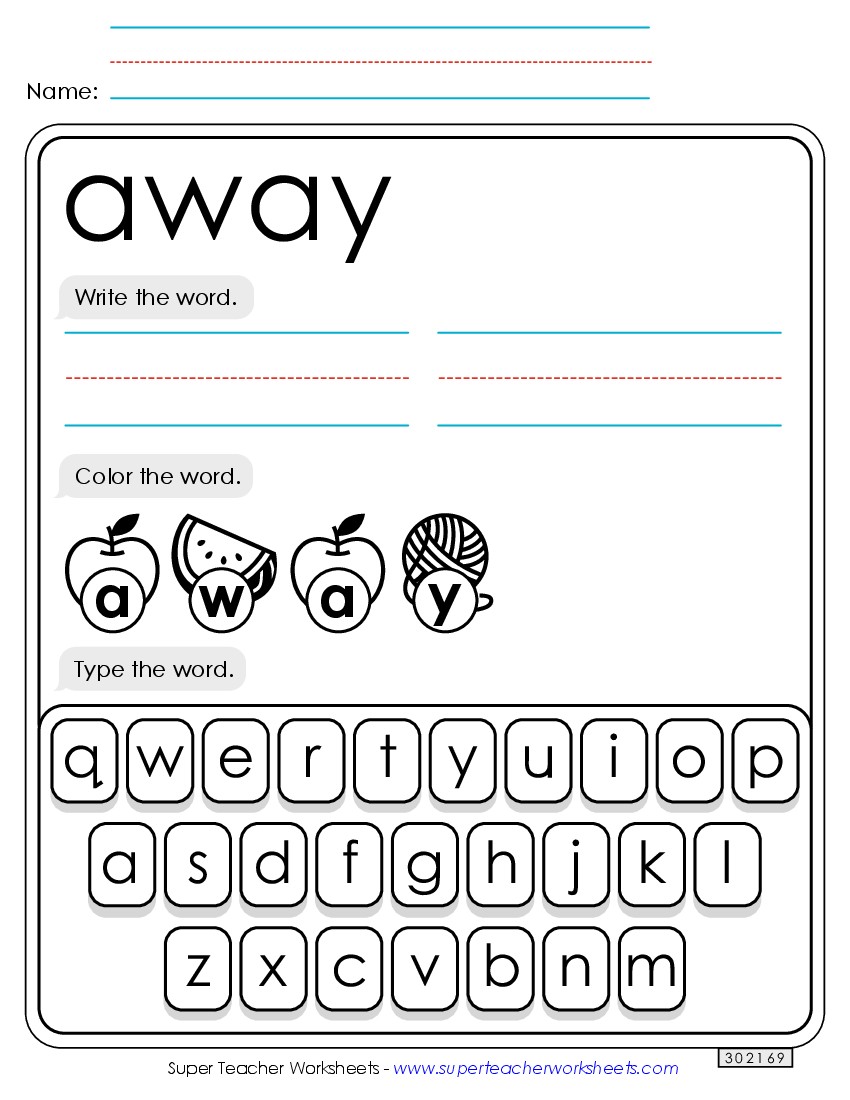 Write, Color, Type: Away Sight Words Individual Worksheet