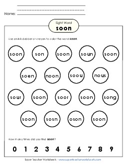 Dab or Color: Soon Sight Words Individual Worksheet