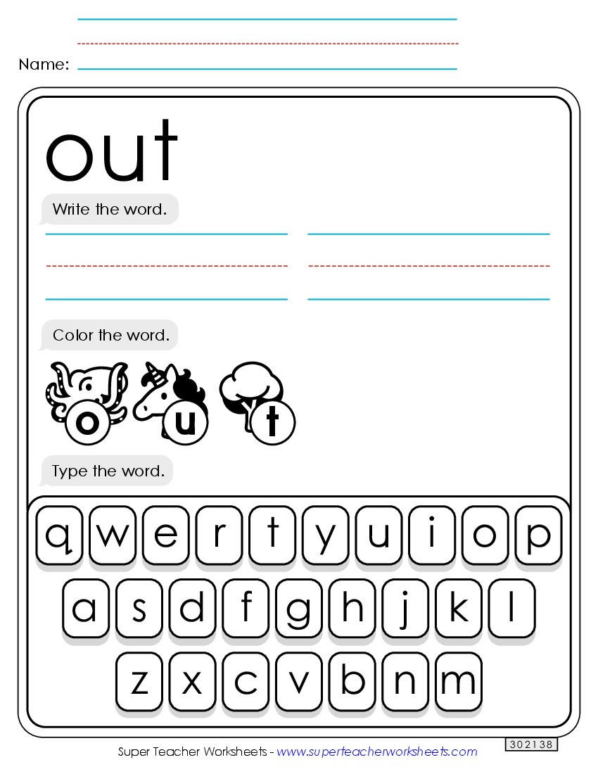 Write, Color, Type: Out Sight Words Individual Worksheet