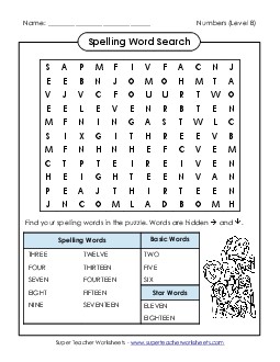 Word Search (B-Number Words) Spelling B Worksheet