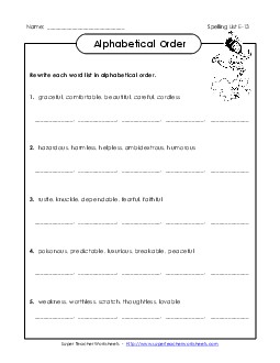 Alphabetical Order (E-13) Spelling E Worksheet