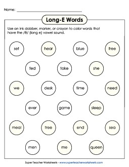 Dabber Activity (Long E Words) Phonics Long Short E Worksheet