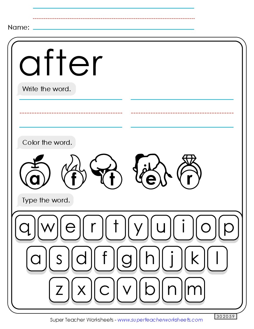 Write, Color, Type: After Sight Words Individual Worksheet