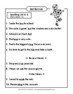 Spelling Test Sentences (A-5) Free Spelling A Worksheet