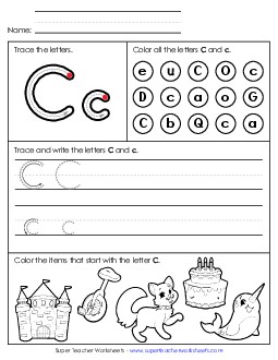 Tracing, Writing, and Recognizing Letter C Alphabet Worksheet